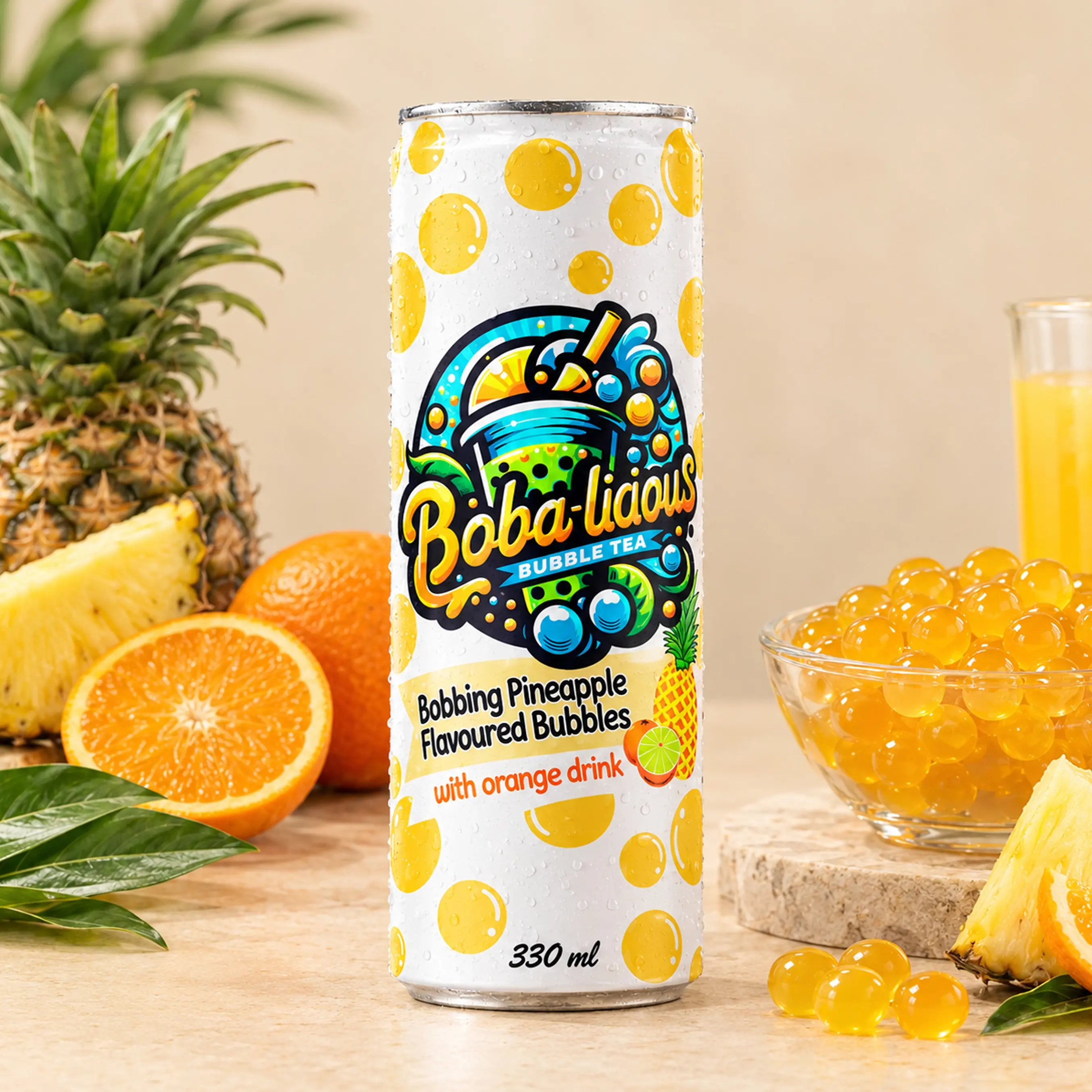 BUBBLE TEA Boba-licious Pineapple 330 ml can with pineapple flavoured bubbles, orange drink, pineapple, orange and popping boba.